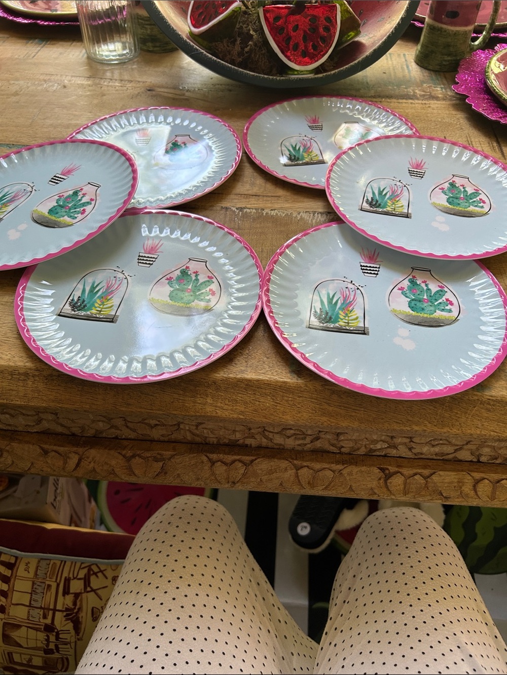 Decorative Terrarium Salad/Dessert Plates - Pink Rim 6 plates in set